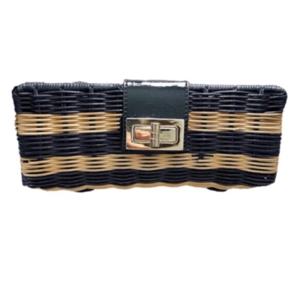 J CREW FACTORY HAVANA NAVY BLUE AND NATURAL WICKER STRAW CLUTCH EVENING BAG - Picture 11 of 16